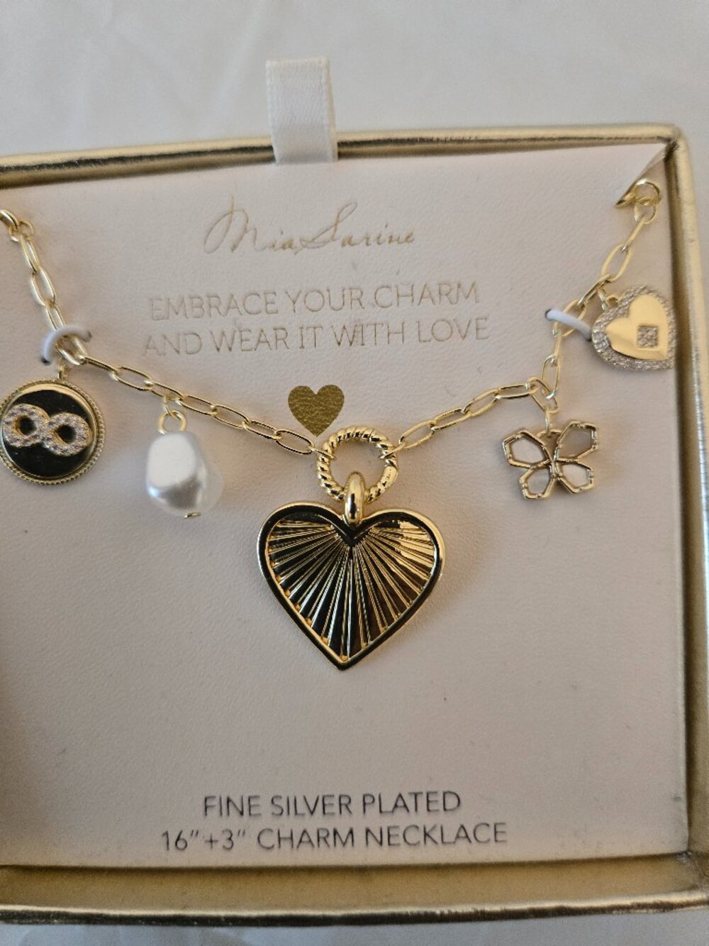 Mia Sarine Fine Silver Plated Gold Tone Multi Charm Heart Necklace NIB